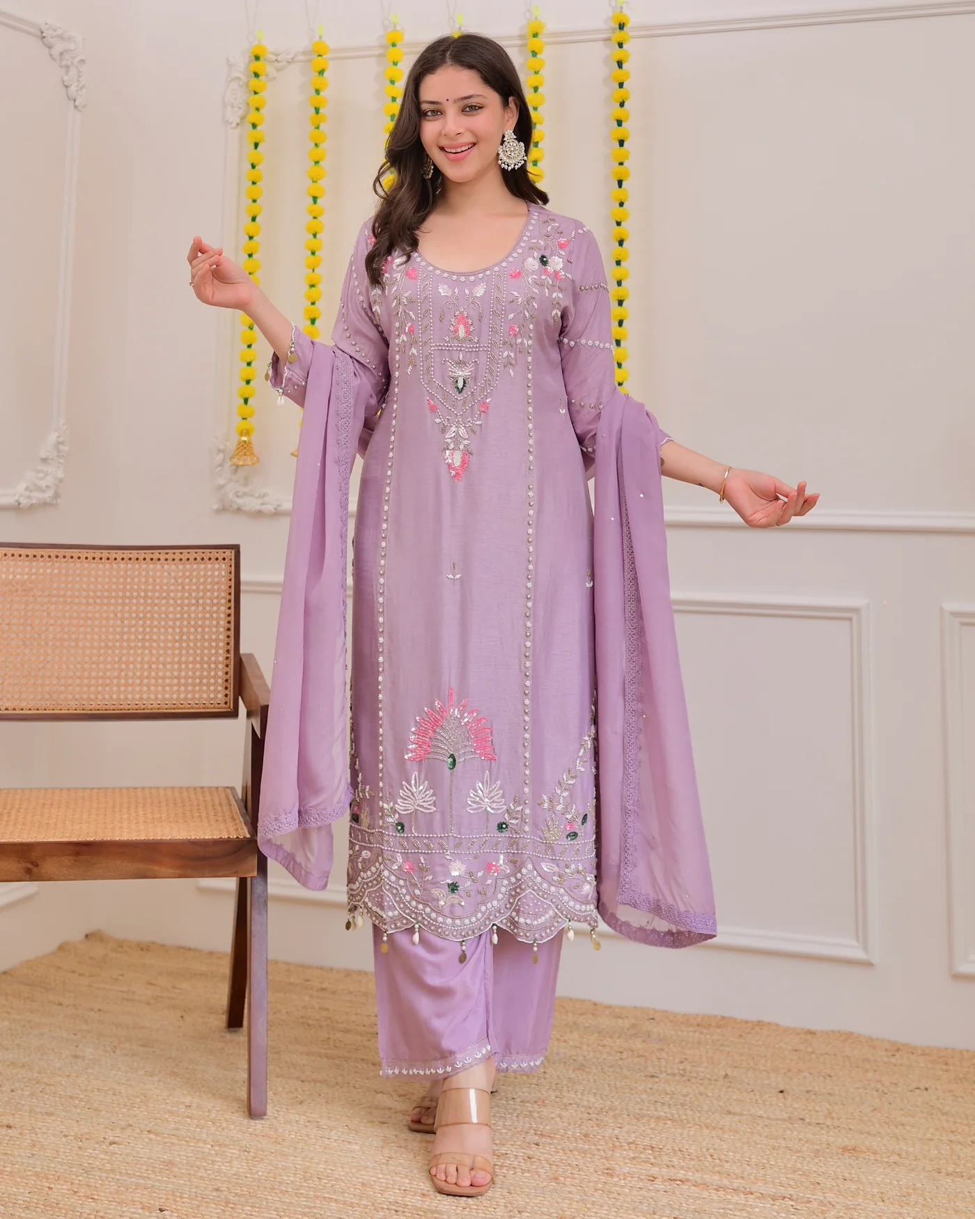 Lavender Luxe Embroidered 3-Piece Suit with Intricate Handwork, Scalloped Hem & Sheer Dupatta