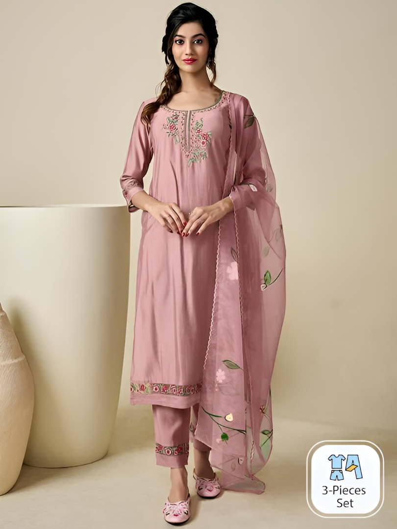 Beautiful Peach Embroidered Kurta Set with Scalloped Hem Trousers and Floral Printed Sheer Dupatta