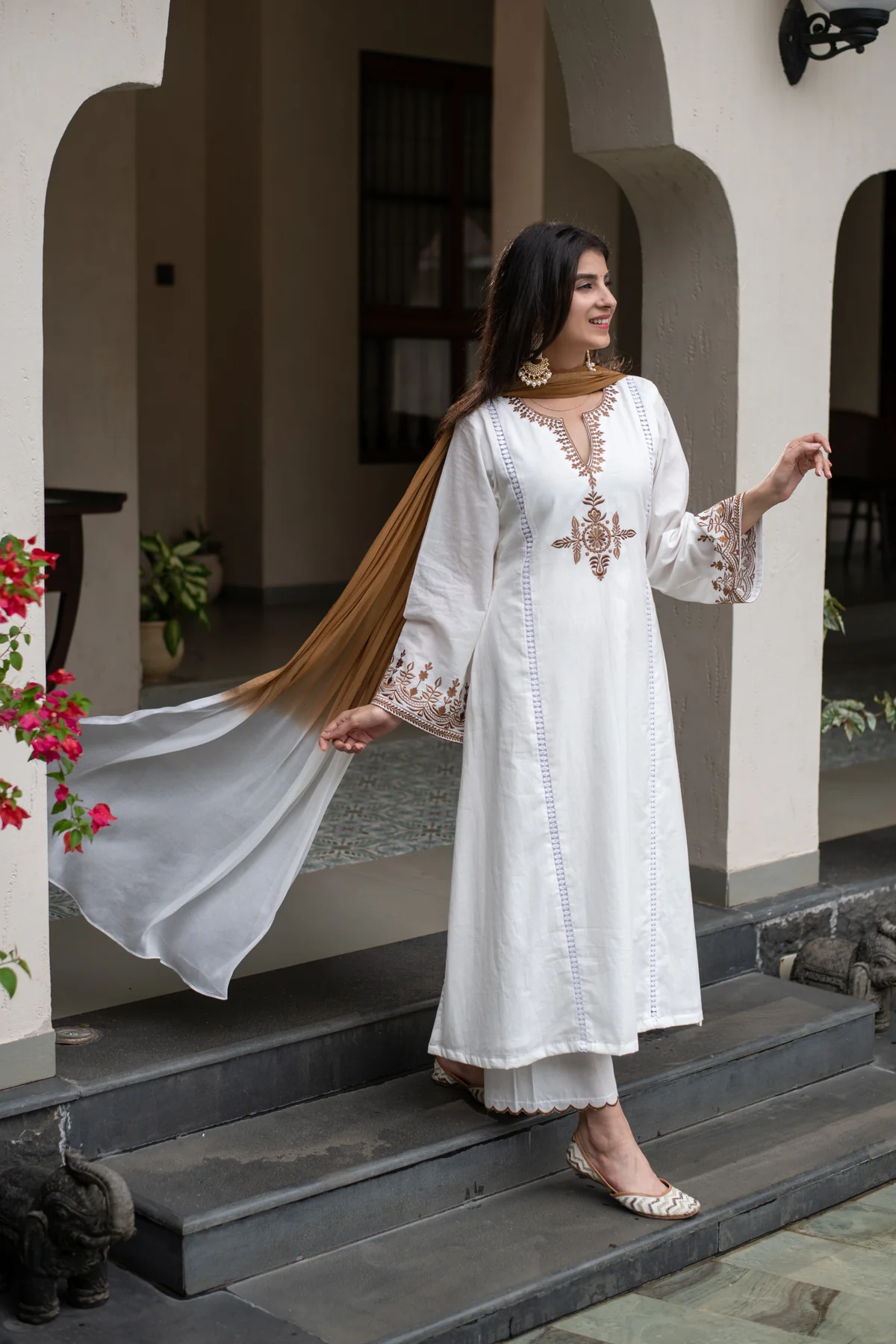Elegant White Embroidered Kurta Palazzo Dupatta Set For Women With Ombre Shaded Dupatta