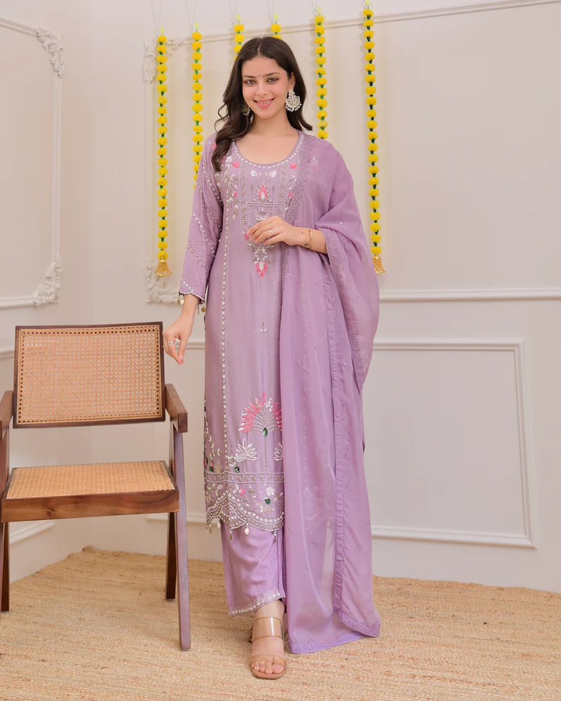 Lavender Luxe Embroidered 3-Piece Suit with Intricate Handwork, Scalloped Hem & Sheer Dupatta