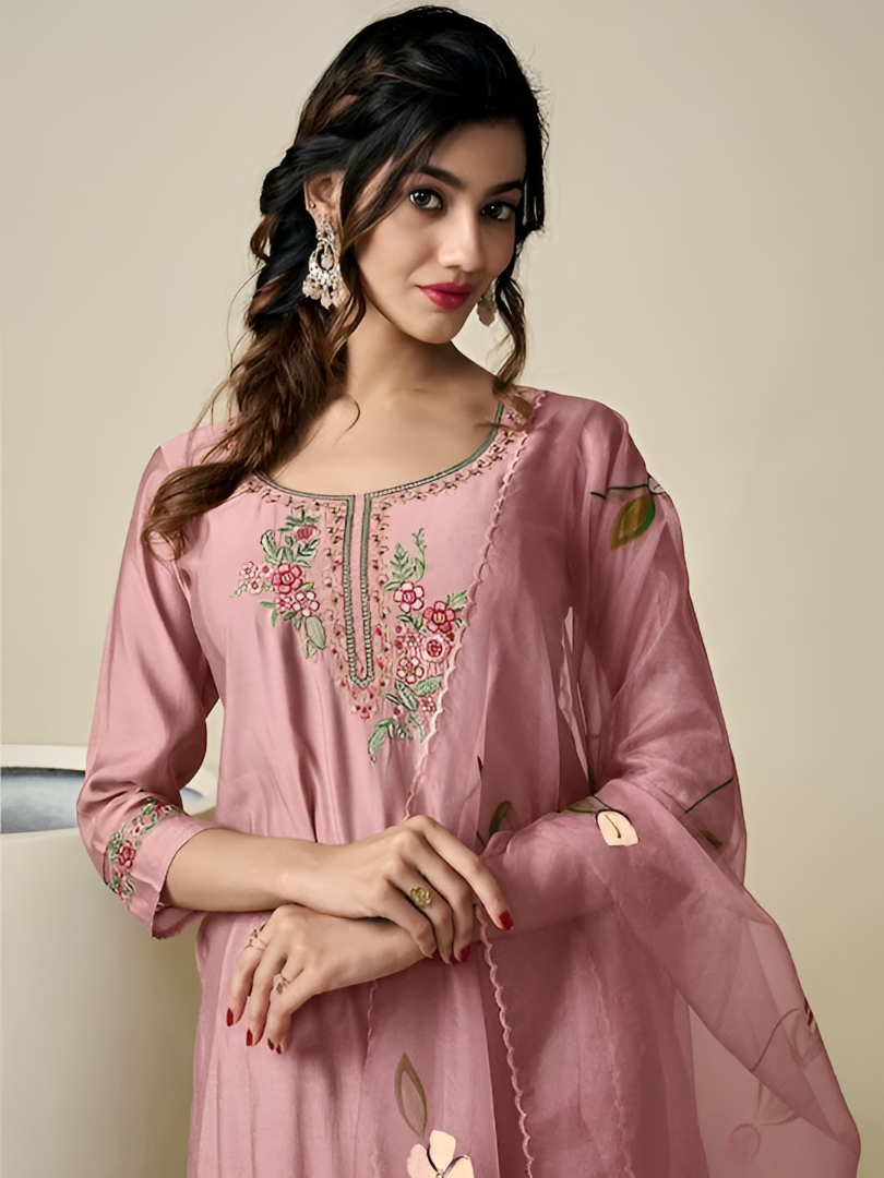 Beautiful Peach Embroidered Kurta Set with Scalloped Hem Trousers and Floral Printed Sheer Dupatta
