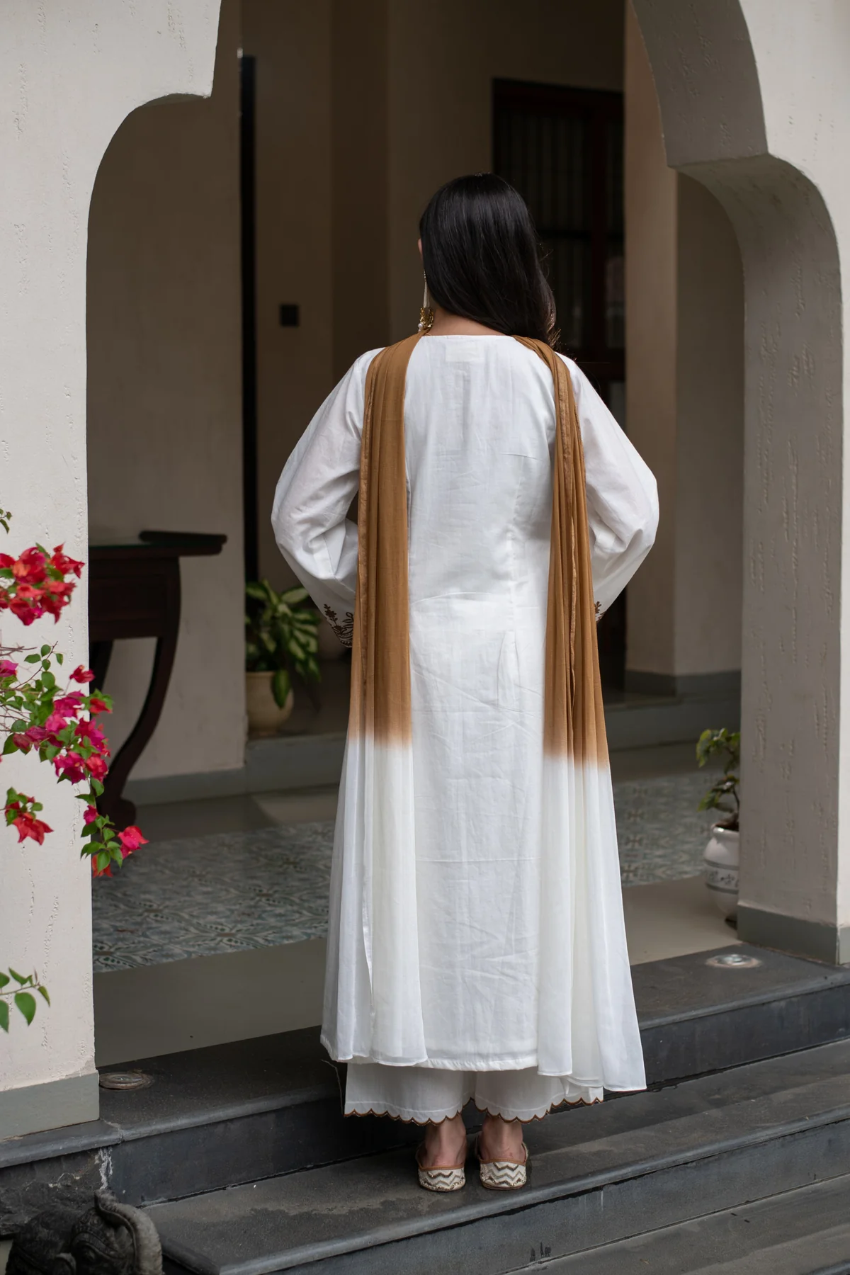 Elegant White Embroidered Kurta Palazzo Dupatta Set For Women With Ombre Shaded Dupatta