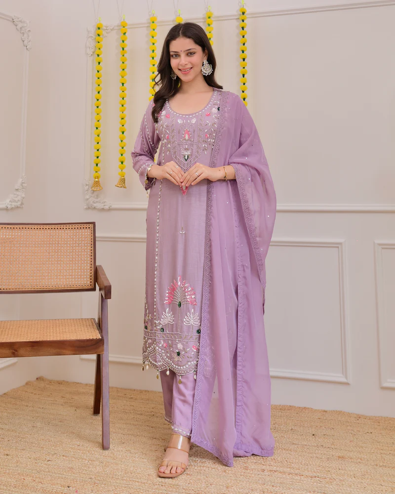 Lavender Luxe Embroidered 3-Piece Suit with Intricate Handwork, Scalloped Hem & Sheer Dupatta