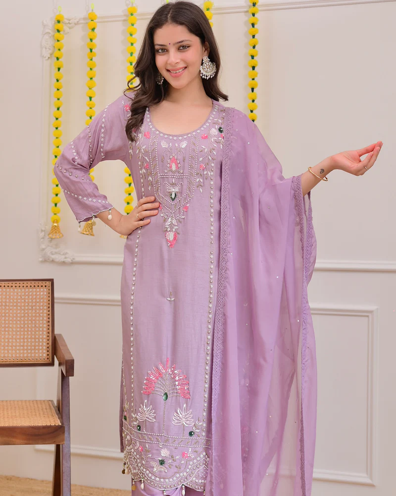 Lavender Luxe Embroidered 3-Piece Suit with Intricate Handwork, Scalloped Hem & Sheer Dupatta