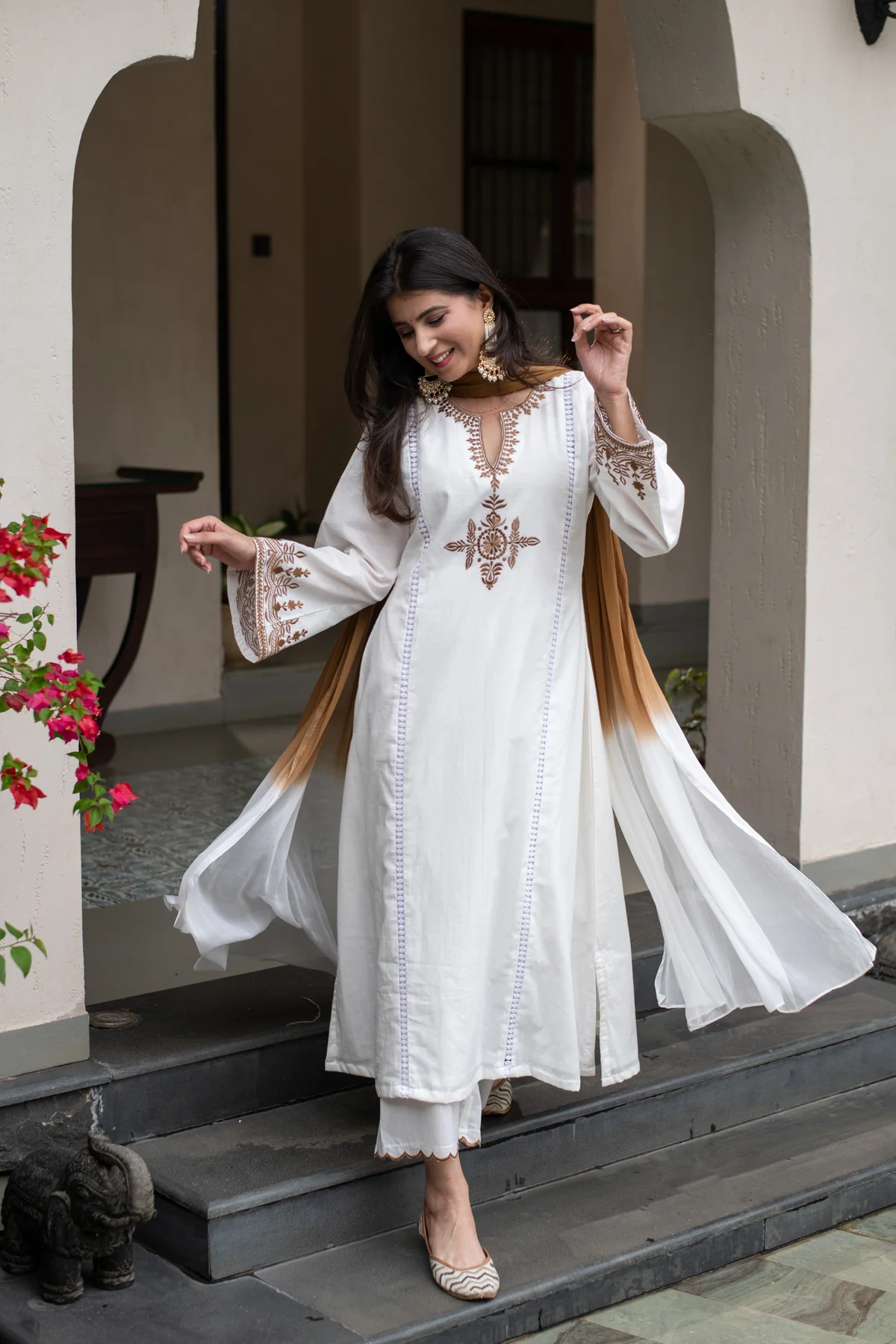 Elegant White Embroidered Kurta Palazzo Dupatta Set For Women With Ombre Shaded Dupatta