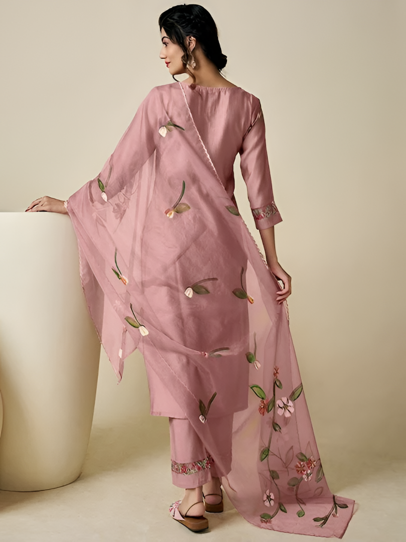 Beautiful Peach Embroidered Kurta Set with Scalloped Hem Trousers and Floral Printed Sheer Dupatta