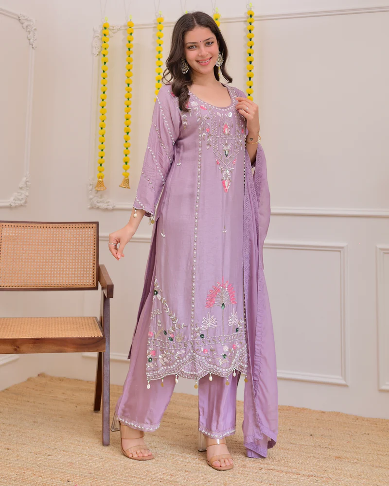 Lavender Luxe Embroidered 3-Piece Suit with Intricate Handwork, Scalloped Hem & Sheer Dupatta