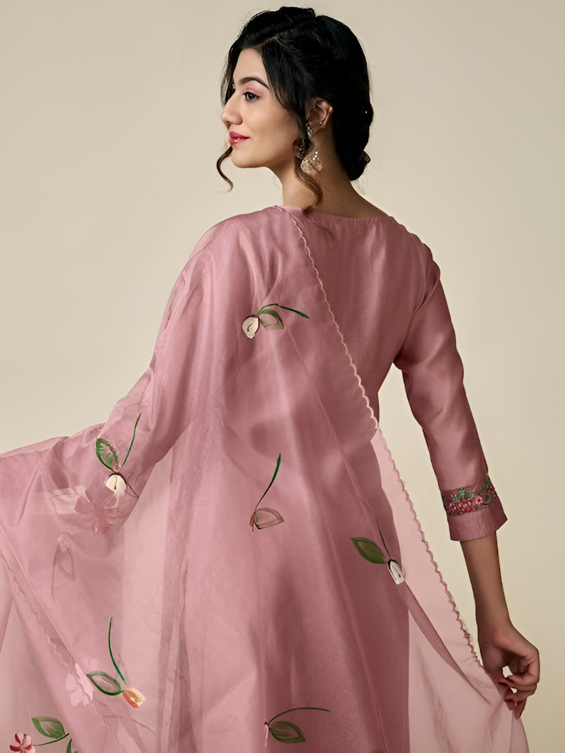 Beautiful Peach Embroidered Kurta Set with Scalloped Hem Trousers and Floral Printed Sheer Dupatta
