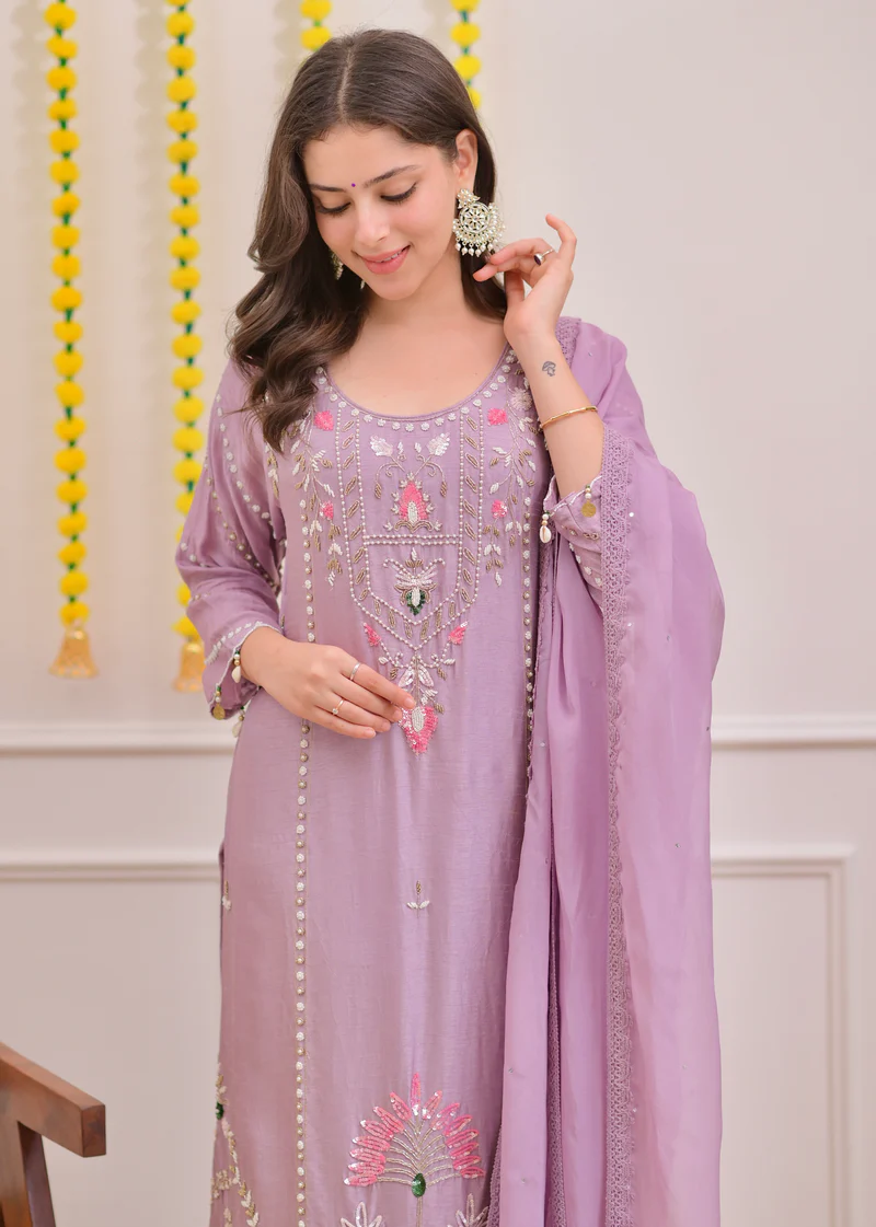 Lavender Luxe Embroidered 3-Piece Suit with Intricate Handwork, Scalloped Hem & Sheer Dupatta