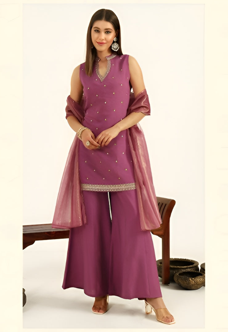 Exclusive Lavender Embroidered Straight Kurta & Flared Palazzo Ensemble With Gold-Printed Organza Dupatta