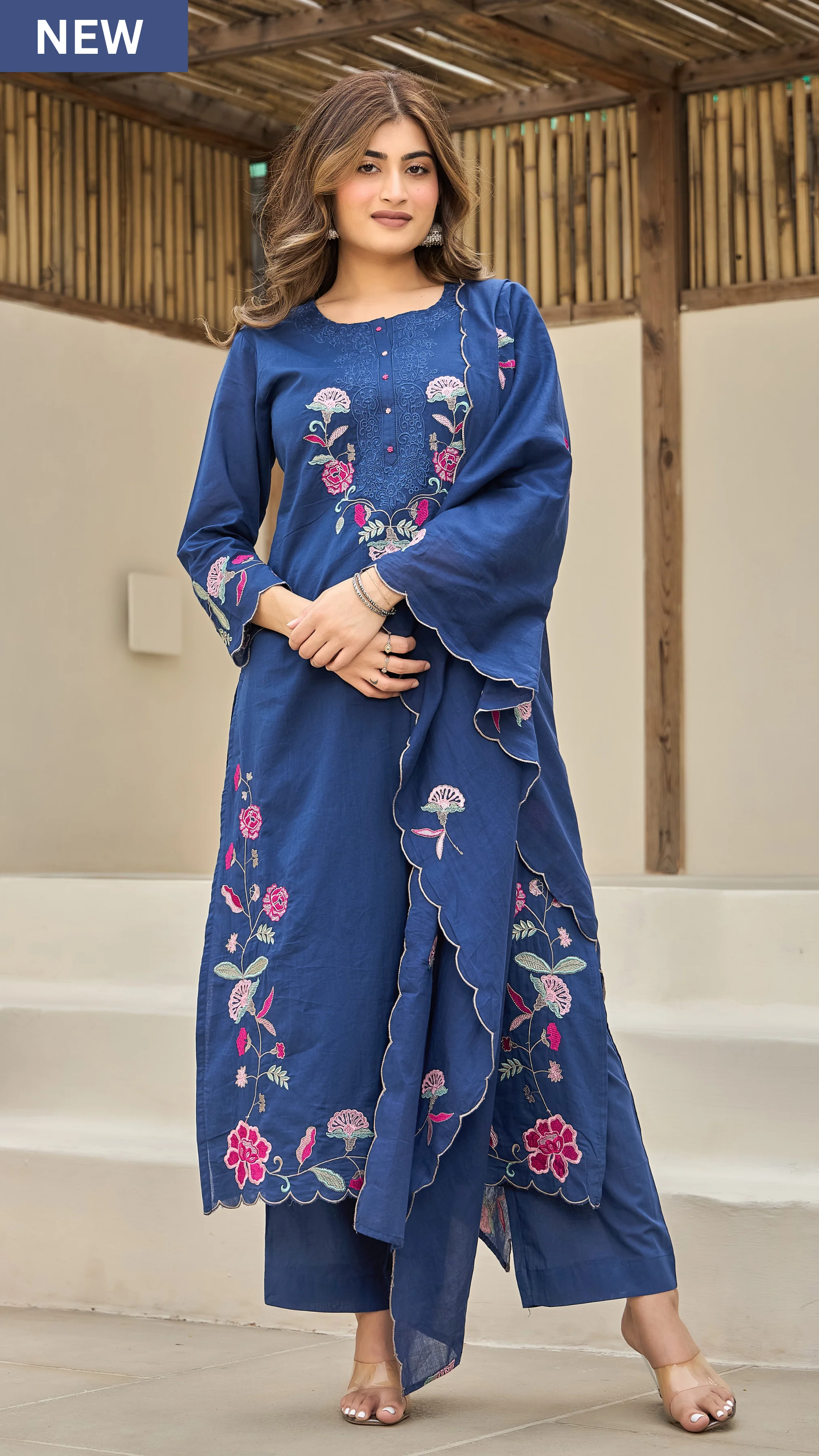 Celestial Blue Floral Embroidered Kurta Trouser Set with Designer Dupatta – Elegant Ethnic Wear Set!✨