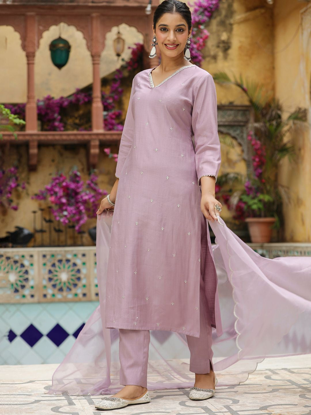 Delicate Mauve Lavender Cotton Blend Suit Set with Gota Patti V-Neck and Scalloped Organza Dupatta