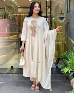 Classic Off-White Embroidered Kurta Set with Delicate Lace Accents and Earthy Floral Tones