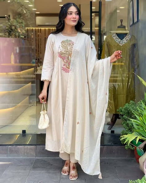 Classic Off-White Embroidered Kurta Set with Delicate Lace Accents and Earthy Floral Tones