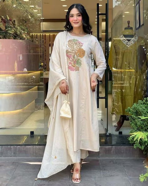 Classic Off-White Embroidered Kurta Set with Delicate Lace Accents and Earthy Floral Tones