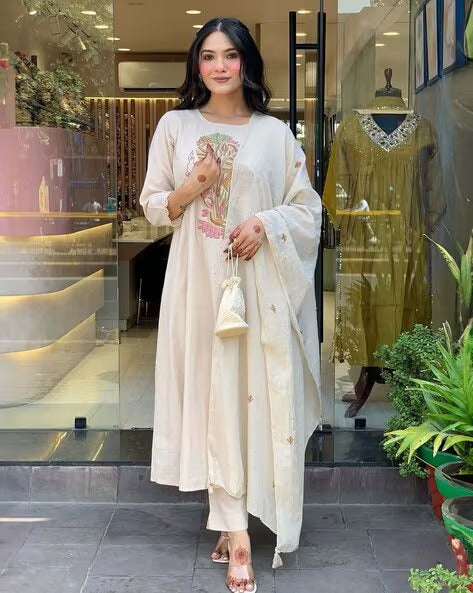 Classic Off-White Embroidered Kurta Set with Delicate Lace Accents and Earthy Floral Tones