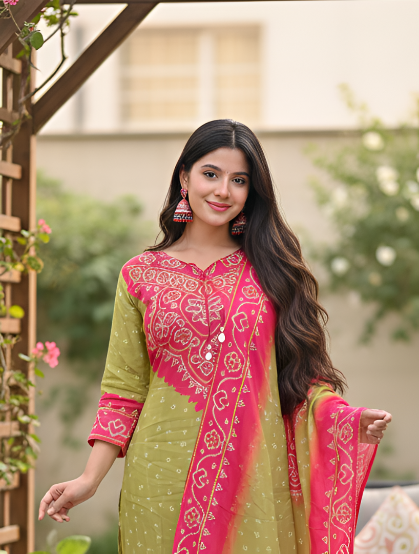 Graceful Bandhani Kurta Set with Traditional Patterns and Elegant Dupatta
