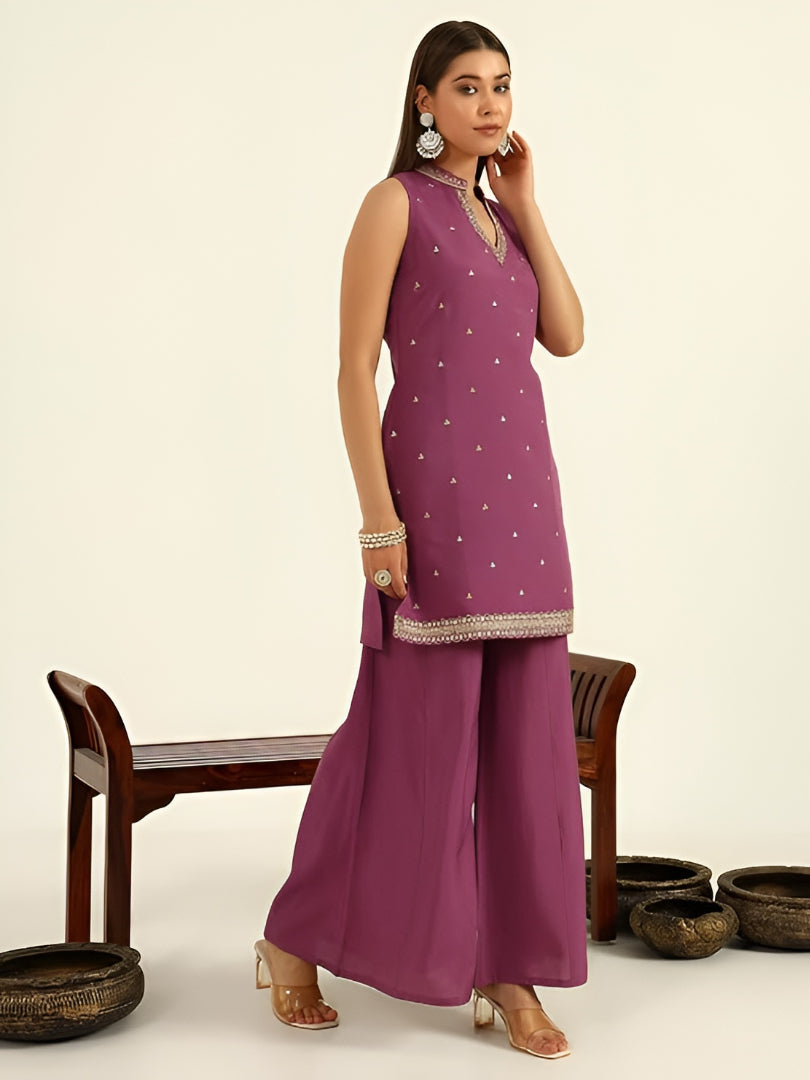 Exclusive Lavender Embroidered Straight Kurta & Flared Palazzo Ensemble With Gold-Printed Organza Dupatta