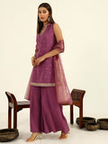 Exclusive Lavender Embroidered Straight Kurta & Flared Palazzo Ensemble With Gold-Printed Organza Dupatta