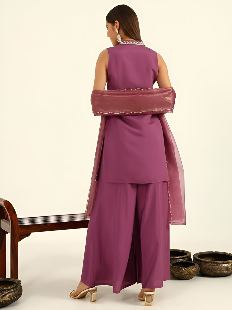 Exclusive Lavender Embroidered Straight Kurta & Flared Palazzo Ensemble With Gold-Printed Organza Dupatta