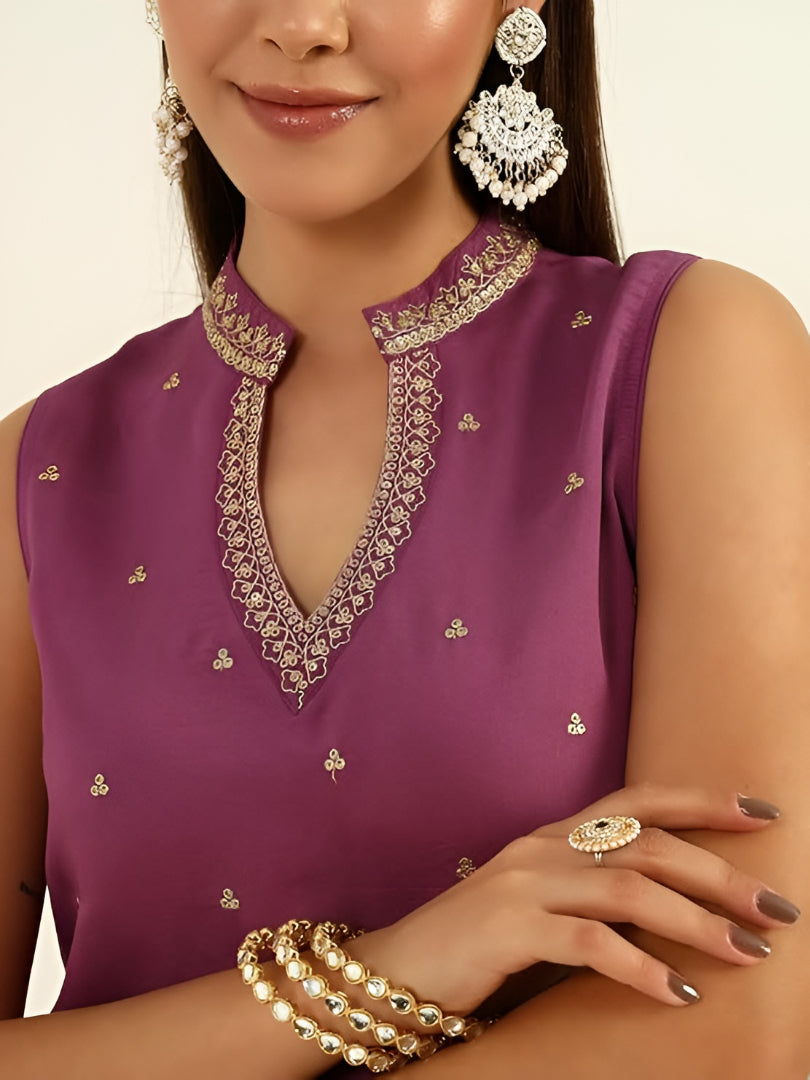 Exclusive Lavender Embroidered Straight Kurta & Flared Palazzo Ensemble With Gold-Printed Organza Dupatta