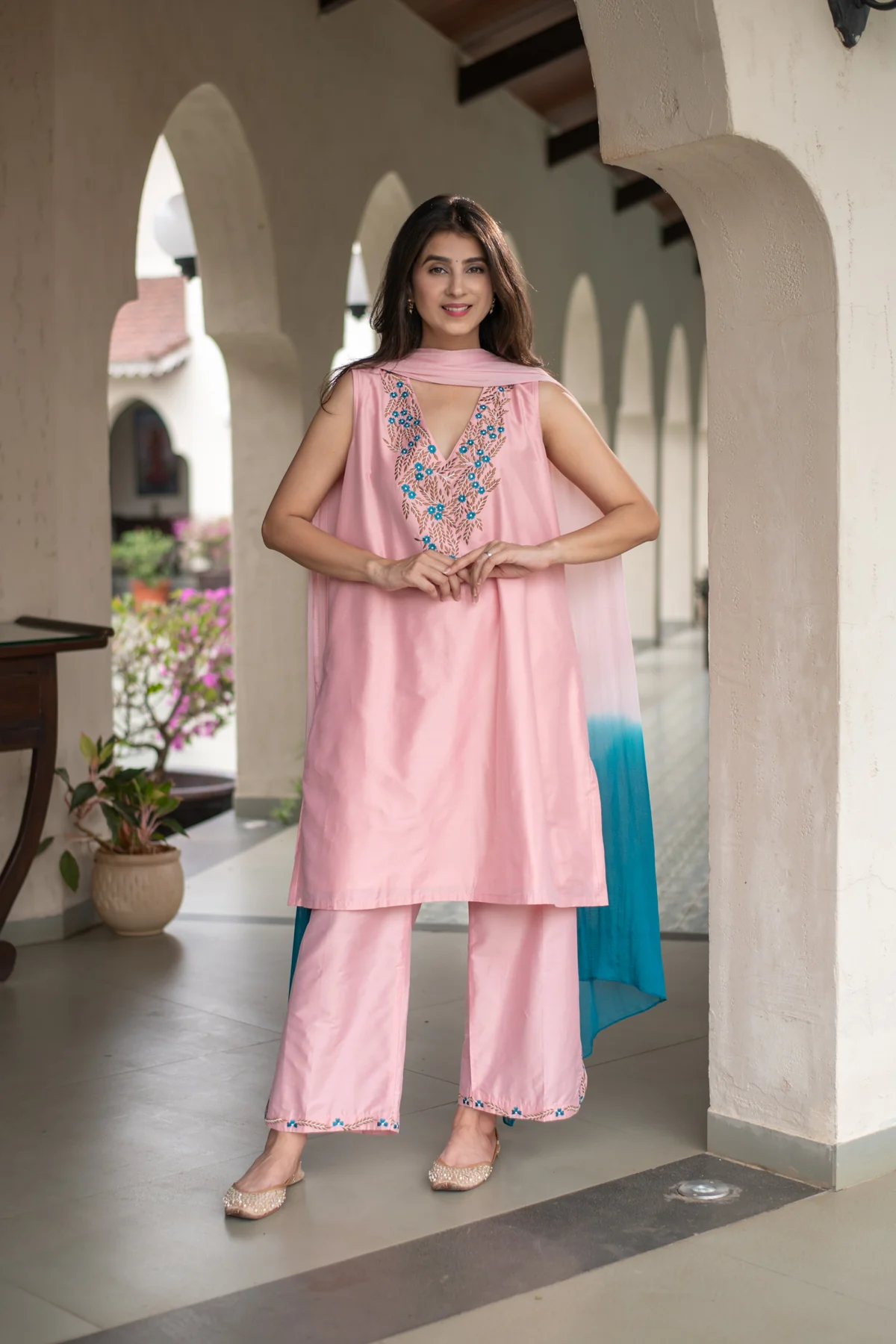Rose Blush Pink Designer Kurta Trouser Set with Handcrafted Floral Threadwork & Contrast Teal Ombre Dupatta