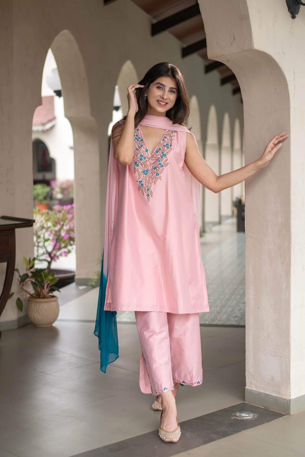 Rose Blush Pink Designer Kurta Trouser Set with Handcrafted Floral Threadwork & Contrast Teal Ombre Dupatta
