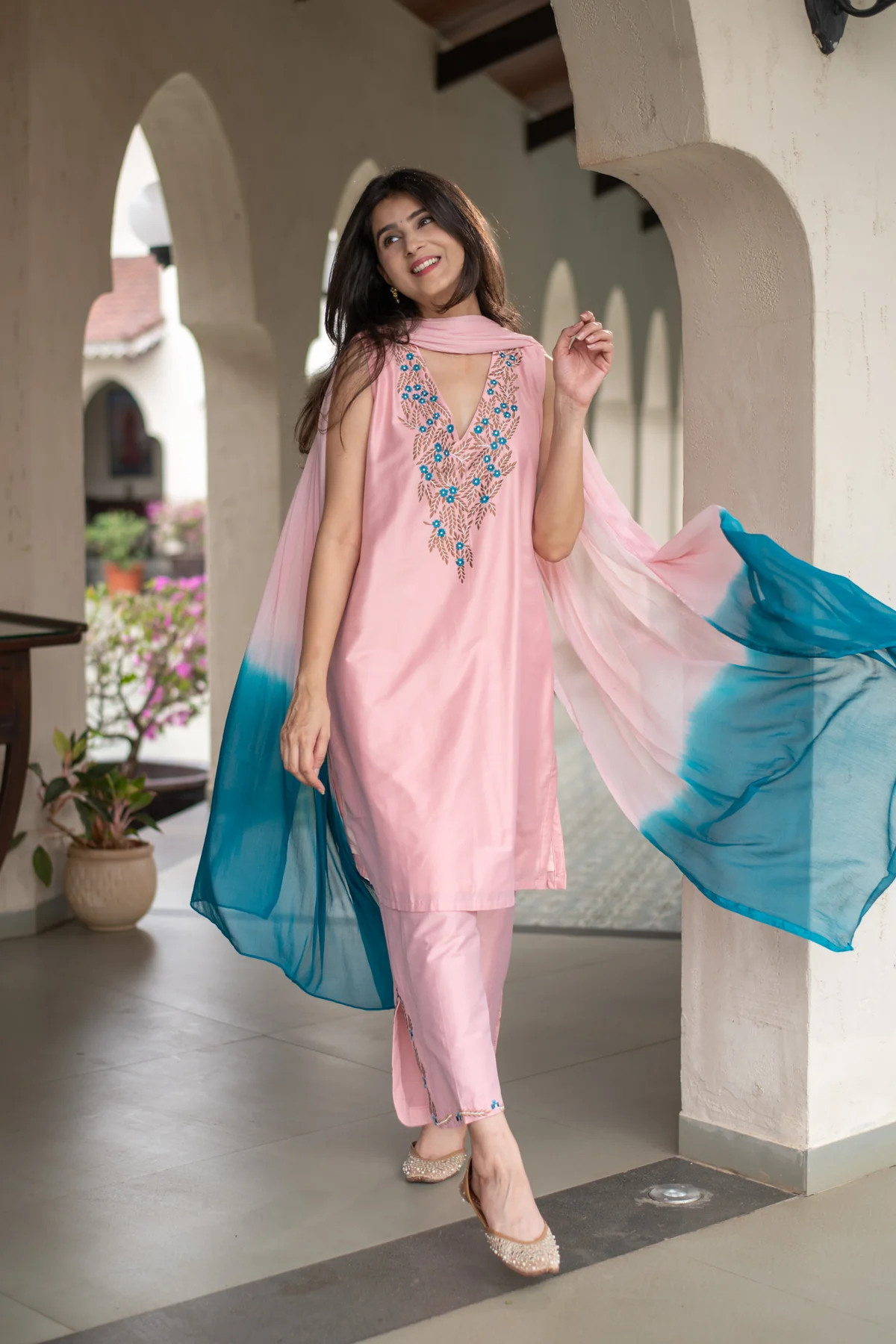 Rose Blush Pink Designer Kurta Trouser Set with Handcrafted Floral Threadwork & Contrast Teal Ombre Dupatta