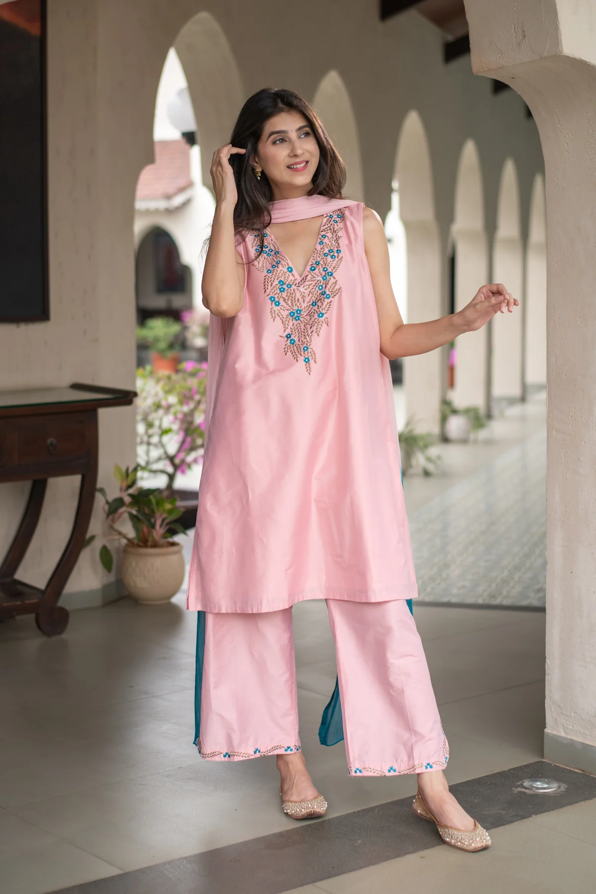 Rose Blush Pink Designer Kurta Trouser Set with Handcrafted Floral Threadwork & Contrast Teal Ombre Dupatta