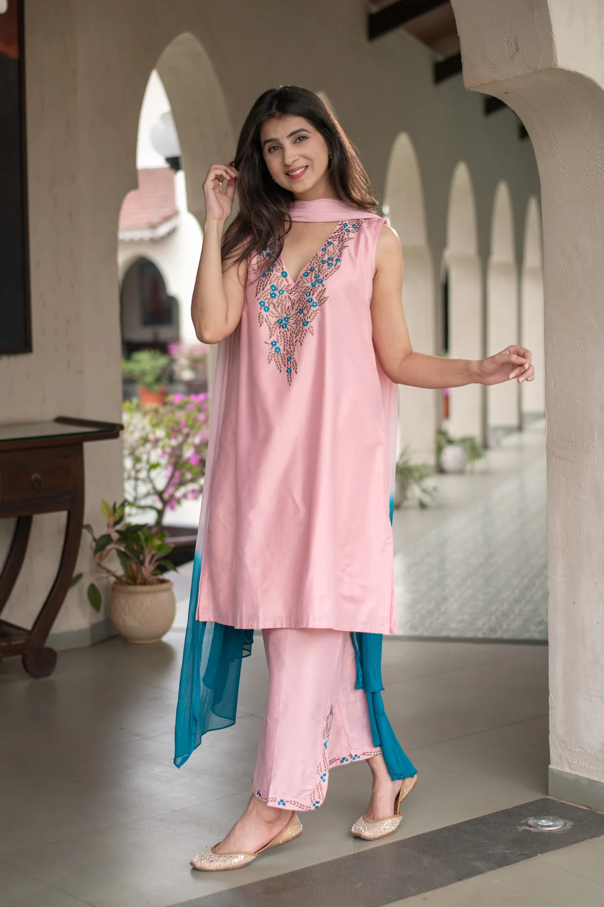 Rose Blush Pink Designer Kurta Trouser Set with Handcrafted Floral Threadwork & Contrast Teal Ombre Dupatta