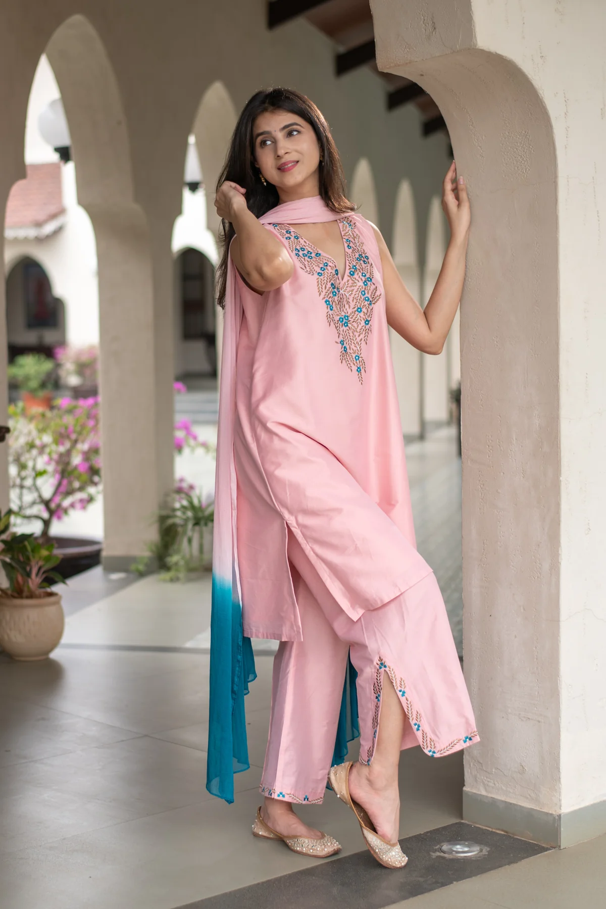 Rose Blush Pink Designer Kurta Trouser Set with Handcrafted Floral Threadwork & Contrast Teal Ombre Dupatta