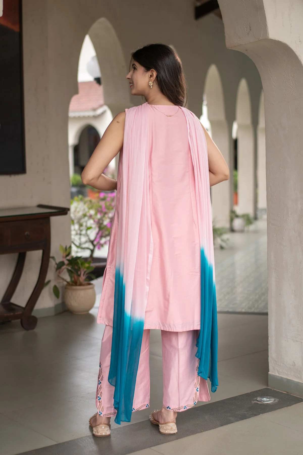 Rose Blush Pink Designer Kurta Trouser Set with Handcrafted Floral Threadwork & Contrast Teal Ombre Dupatta