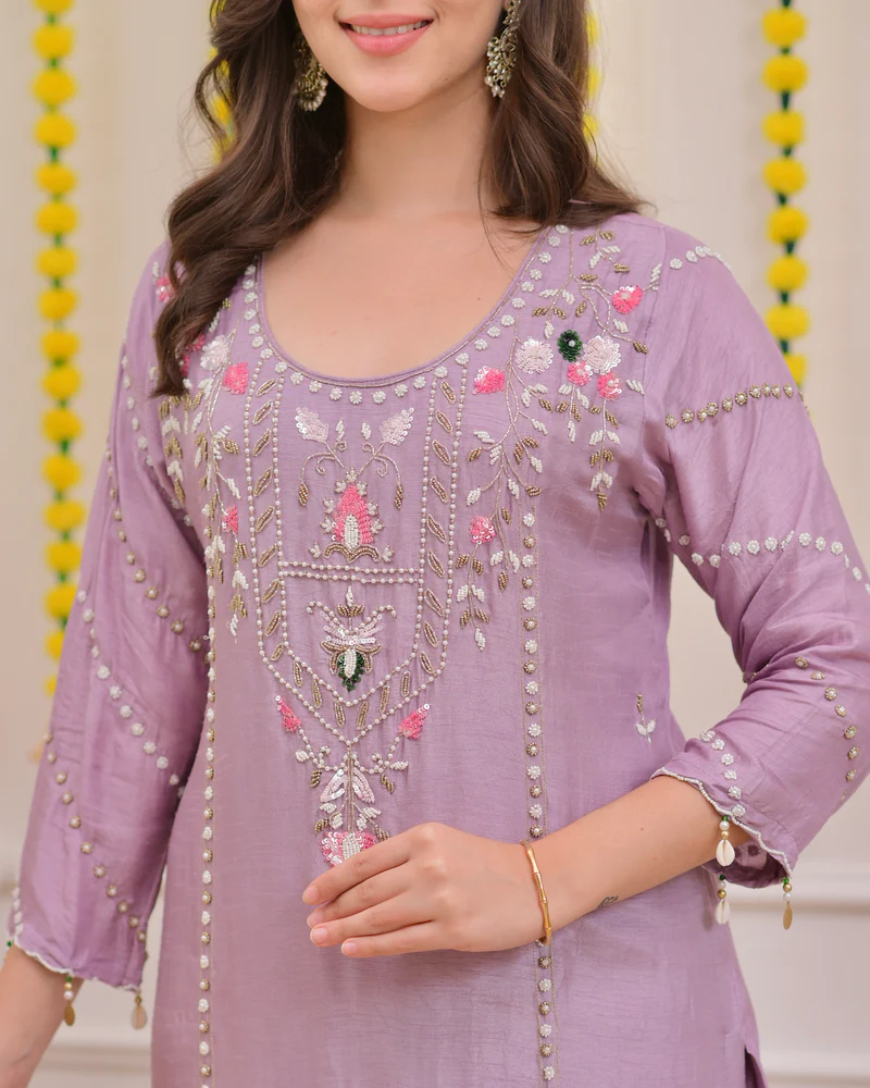 Lavender Luxe Embroidered 3-Piece Suit with Intricate Handwork, Scalloped Hem & Sheer Dupatta