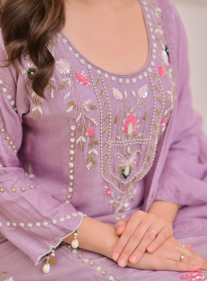 Lavender Luxe Embroidered 3-Piece Suit with Intricate Handwork, Scalloped Hem & Sheer Dupatta
