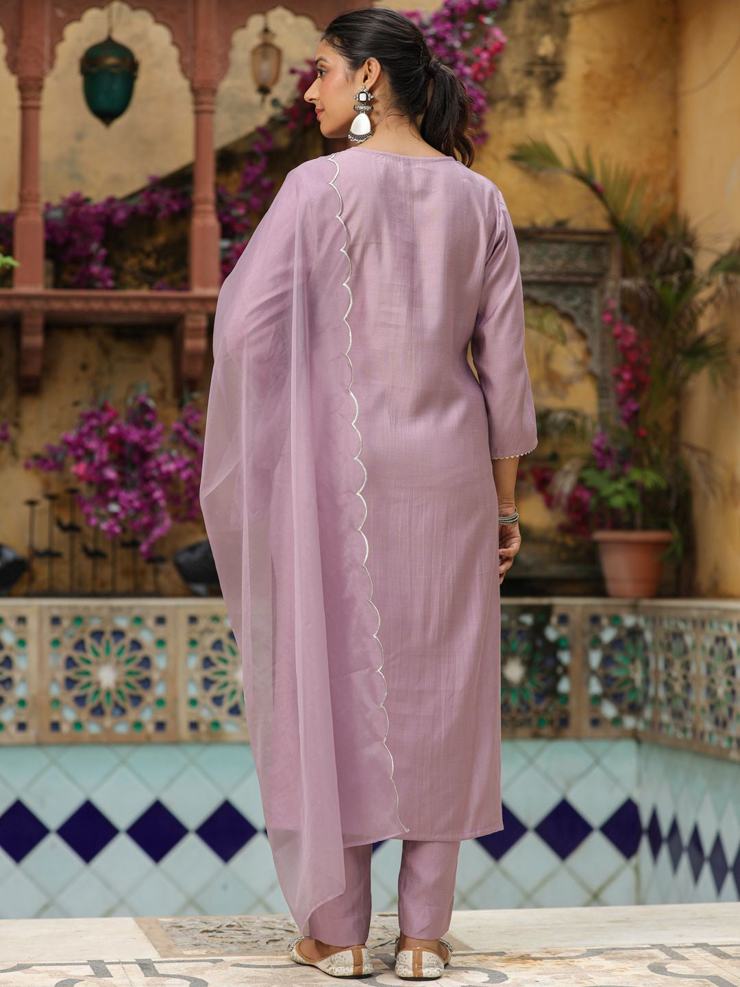 Delicate Mauve Lavender Cotton Blend Suit Set with Gota Patti V-Neck and Scalloped Organza Dupatta