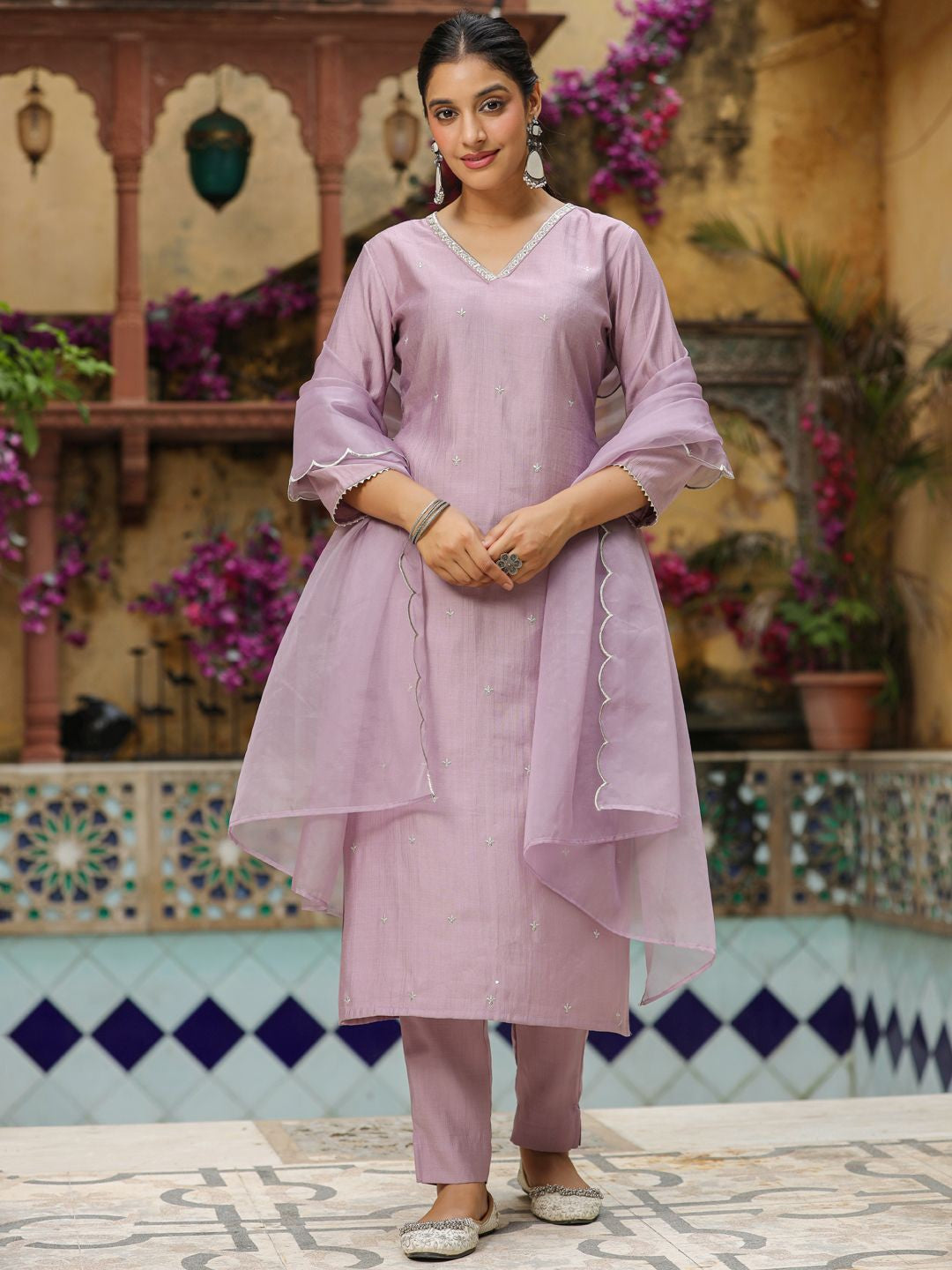 Delicate Mauve Lavender Cotton Blend Suit Set with Gota Patti V-Neck and Scalloped Organza Dupatta