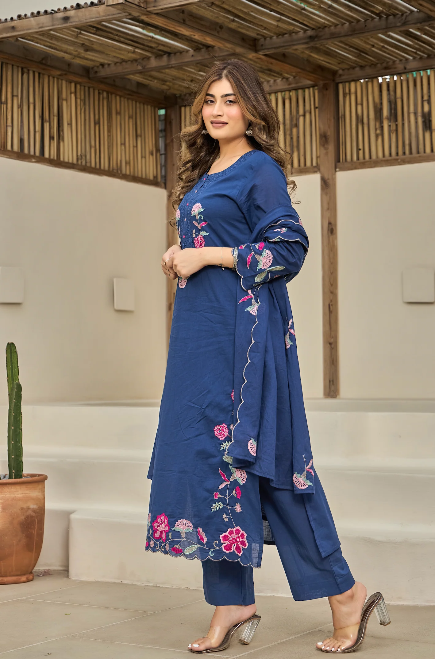 Celestial Blue Floral Embroidered Kurta Trouser Set with Designer Dupatta – Elegant Ethnic Wear Set!✨