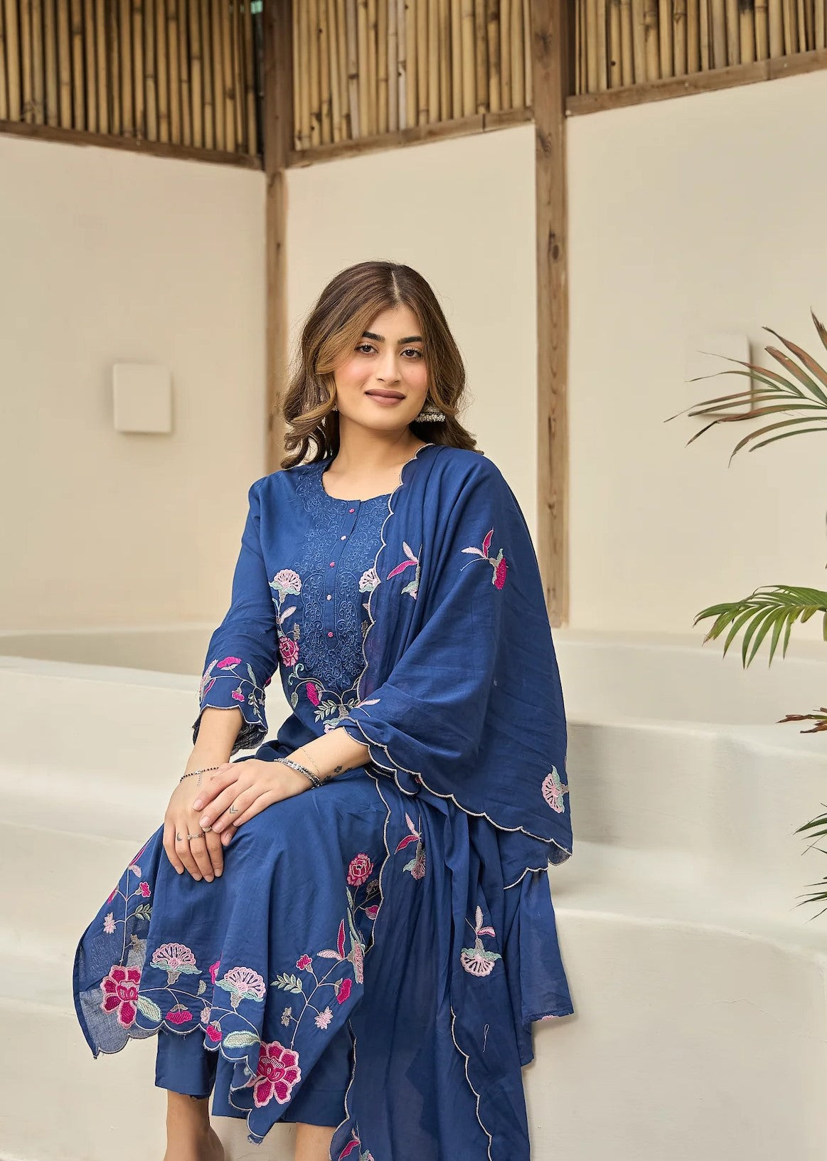 Celestial Blue Floral Embroidered Kurta Trouser Set with Designer Dupatta – Elegant Ethnic Wear Set!✨