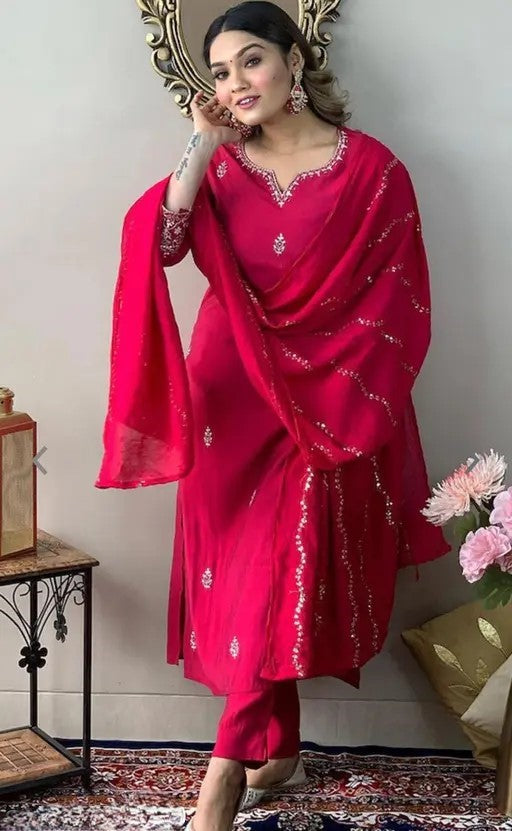 Royal Rani Pink Pure Silk Kurta Set With Zardosi Embroidery & Matching Chiffon Dupatta