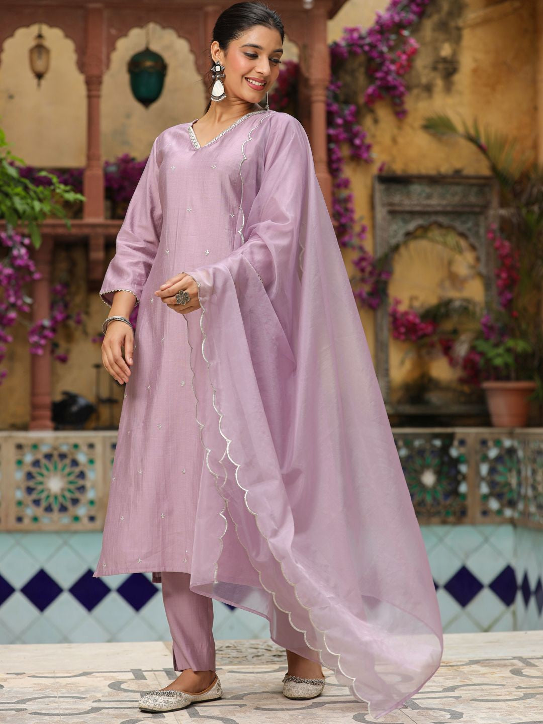 Delicate Mauve Lavender Cotton Blend Suit Set with Gota Patti V-Neck and Scalloped Organza Dupatta