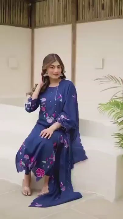 Celestial Blue Floral Embroidered Kurta Trouser Set with Designer Dupatta – Elegant Ethnic Wear Set!✨