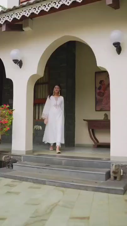 Elegant White Embroidered Kurta Palazzo Dupatta Set For Women With Ombre Shaded Dupatta