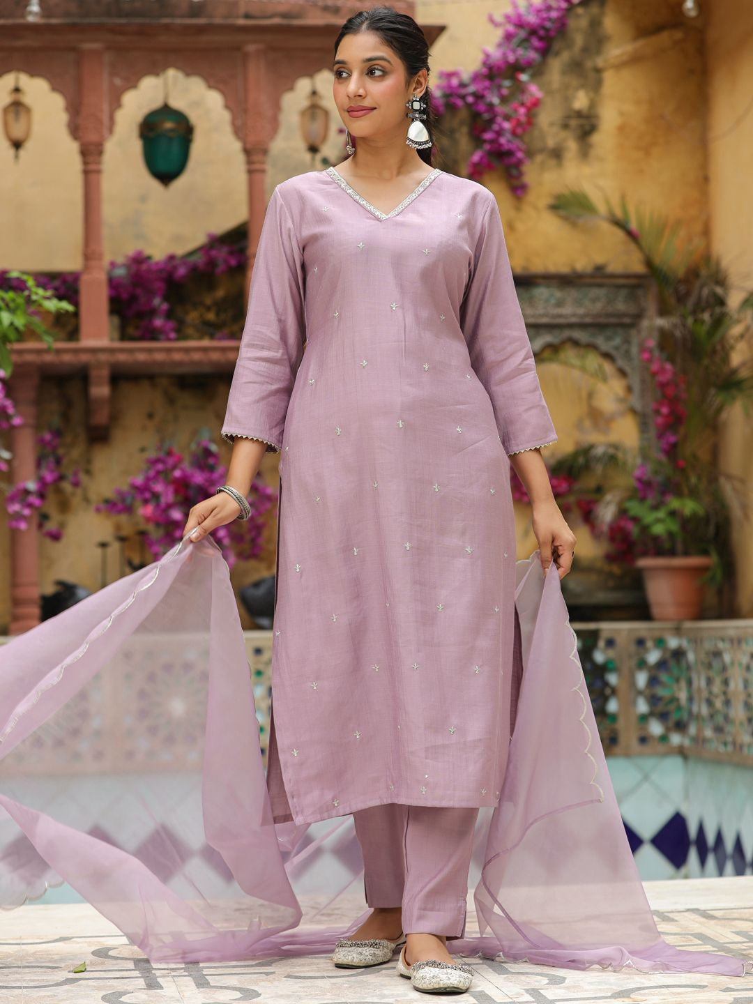 Delicate Mauve Lavender Cotton Blend Suit Set with Gota Patti V-Neck and Scalloped Organza Dupatta