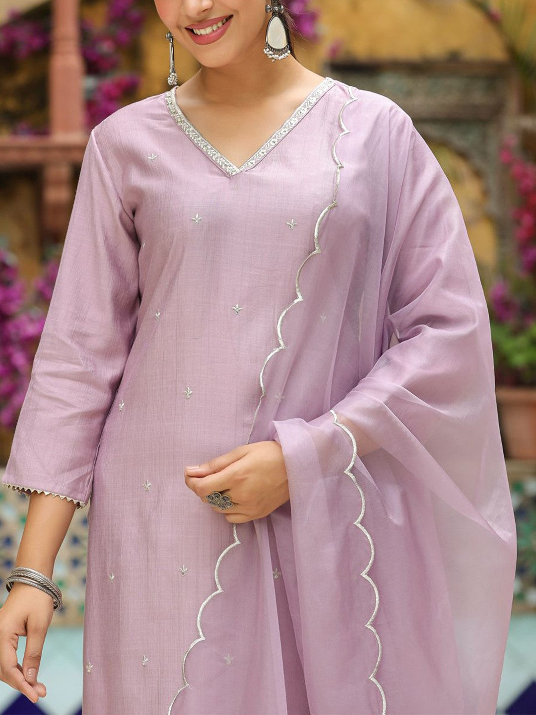 Delicate Mauve Lavender Cotton Blend Suit Set with Gota Patti V-Neck and Scalloped Organza Dupatta