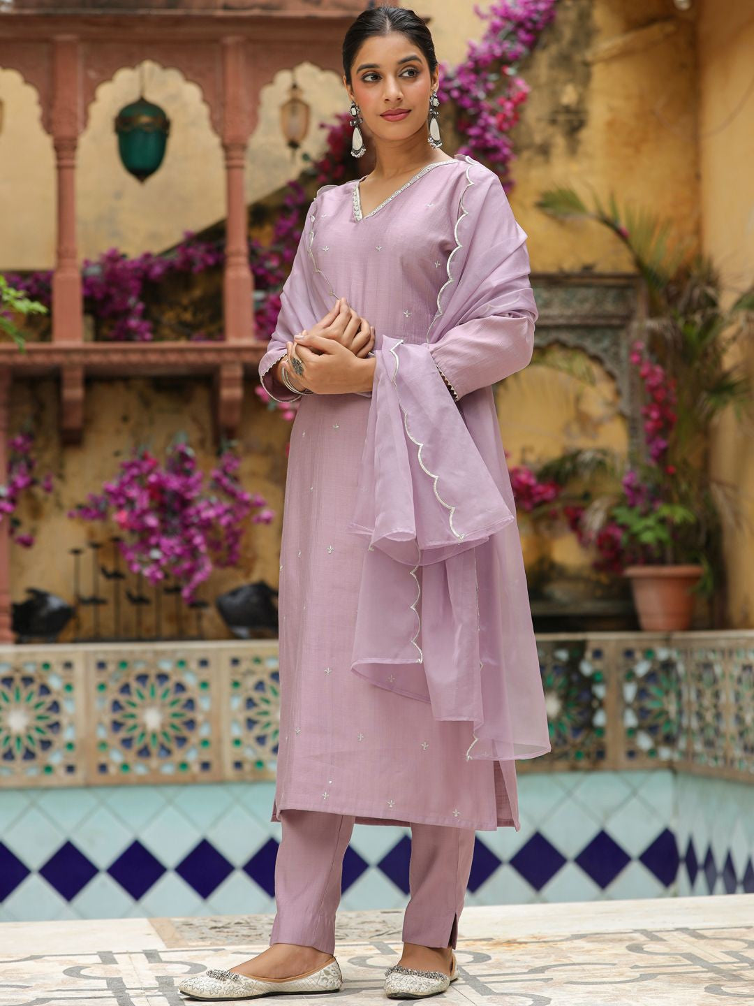 Delicate Mauve Lavender Cotton Blend Suit Set with Gota Patti V-Neck and Scalloped Organza Dupatta